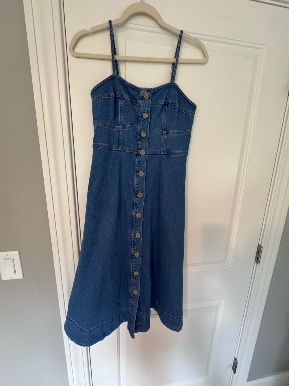 Denim Button-Front Spaghetti Strap Dress - Blue